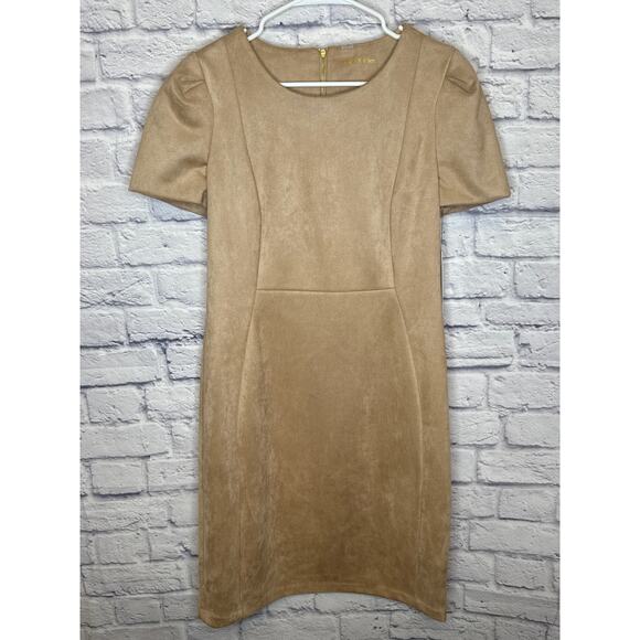 Calvin Klein Taupe Tan Faux Suede Short Sleeve midid Career Dress Size 12 NWT - Picture 1 of 6